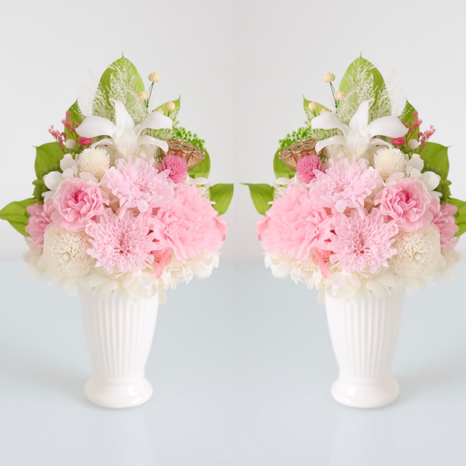 プリザーブドフラワー　約170輪セット　バラ・カーネーション・小菊 2点セット（1対）桜色の菊とカーネーションの優しい仏花