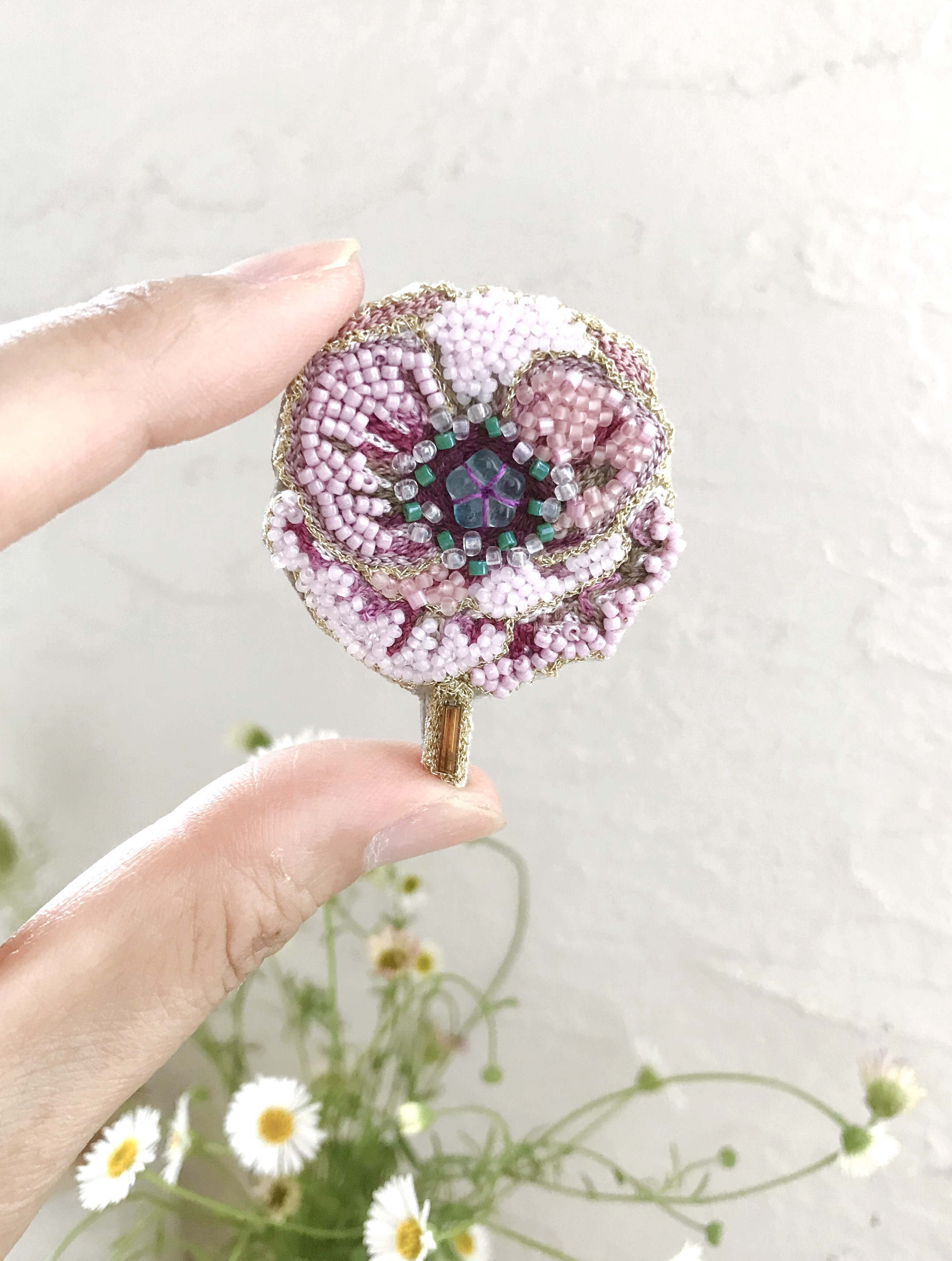 オートクチュールビーズ刺繍ブローチ ポピー(ピンク) ブローチ
