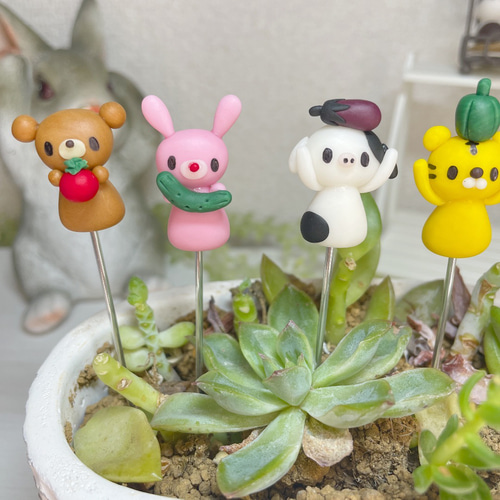 ハンドメイド ガーデンピック 動物さんの夏野菜収穫ピック 多肉植物
