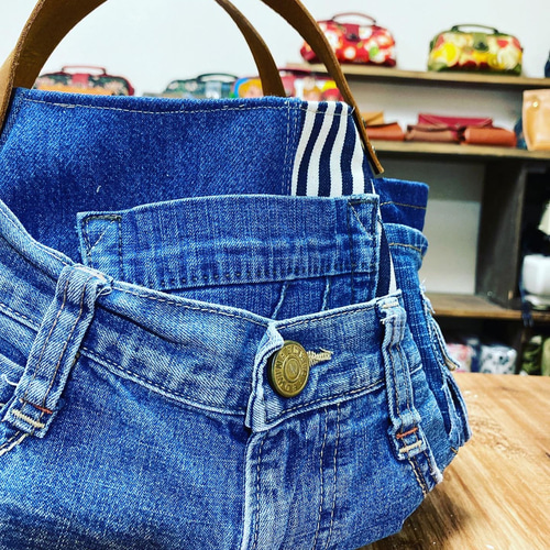 まん丸トートバッグ小サイズ デニムリメイク黄色タグ②nicoma m