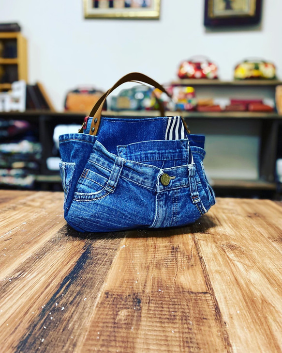 まん丸トートバッグ小サイズ デニムリメイク黄色タグ②nicoma m