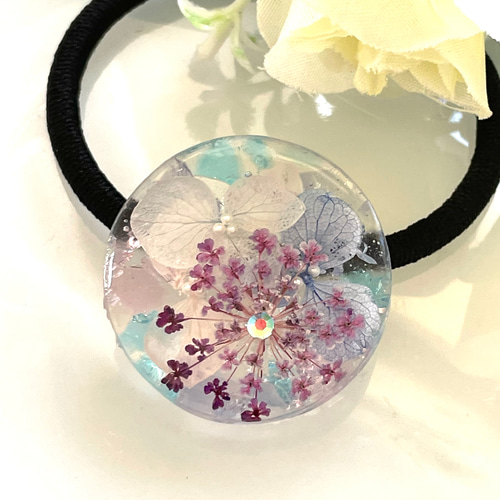 大好き レースフラワーハートレジンヘアゴム