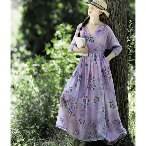 ラミー/麻混】美しい色合いと紫陽花 ロングワンピース ウエストリボン