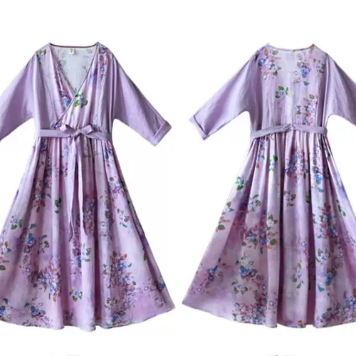 ラミー/麻混】美しい色合いと紫陽花 ロングワンピース ウエストリボン