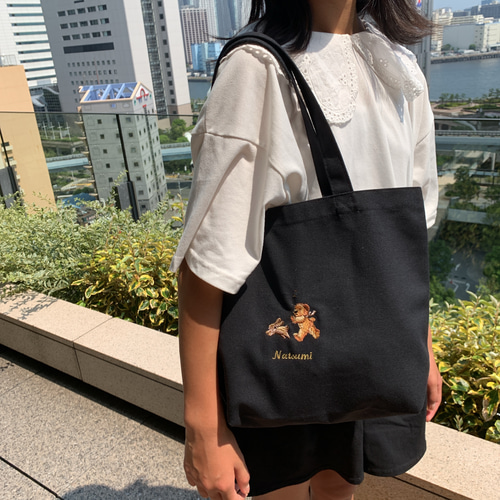 ネイビー新柄うさぎとくまさん お出かけトートバッグMサイズ 名入れ