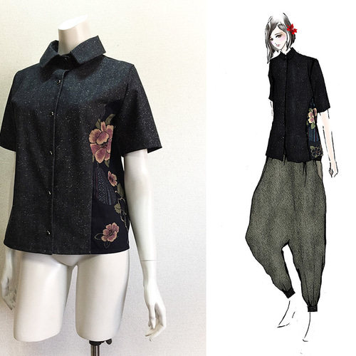 1点もの・デザイン画付き】岡山産デニム＆和柄切り替えブラウス半袖 