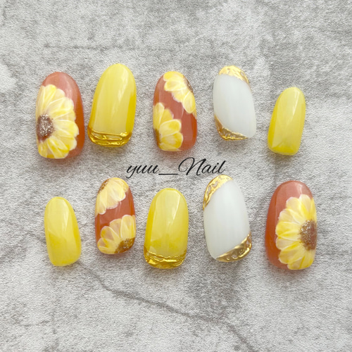 送料無料】再販 THE夏な大人可愛いひまわりネイル/ネイルチップ/夏