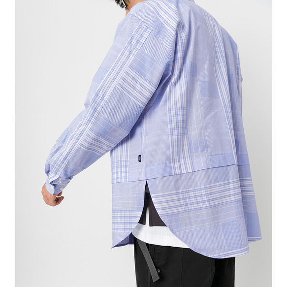 TMCAZ Wide Spread Collar Shirt 藍色不規則格子襯衫 户外山系城市輕機能風 第6張的照片