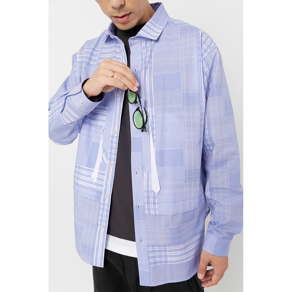 TMCAZ Wide Spread Collar Shirt 藍色不規則格子襯衫 户外山系城市輕機能風 第4張的照片