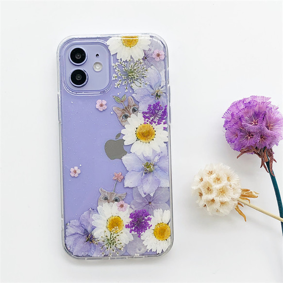 『千鳥草＆紫陽花＆猫柄』スマホリング iPhone15Pro/SE/Xperia10IV/GALAXYS23押し花ケース 4枚目の画像