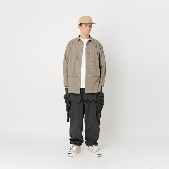 TMCAZ Wide Spread Collar Shirt 卡其色皺褶布料長袖襯衫户外户外山系