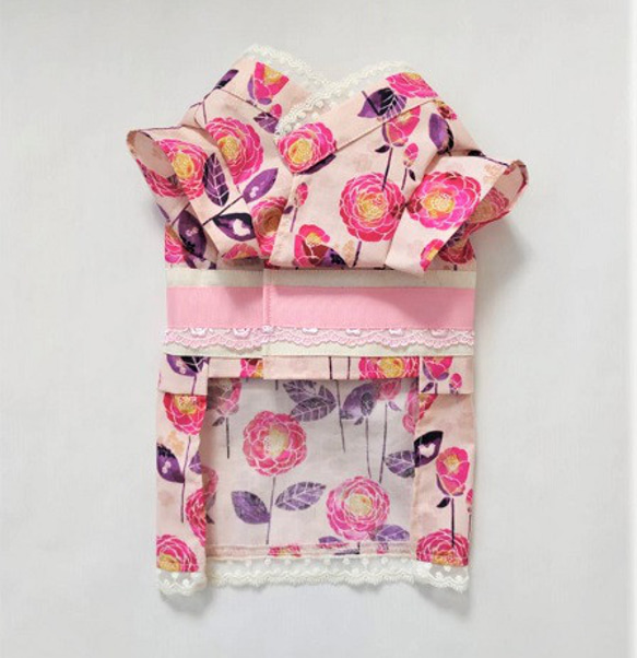 ★ピンク再販★お箸の国のワンコ服・浴衣(花柄） 5枚目の画像