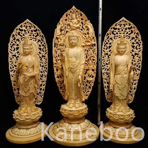 最高級 木彫仏像 阿弥陀三尊立像 彫刻 本金 切金 一刀彫 天然木