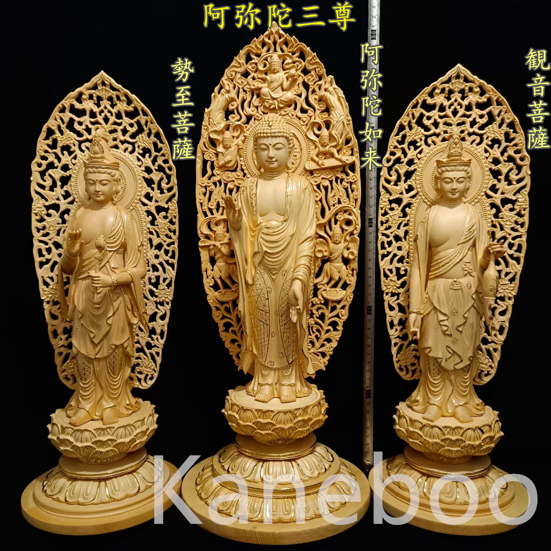 天然木檜材 最高級 木彫仏像 娑婆三聖立像 時代美品 彫刻 一刀彫