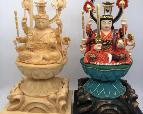 木彫り 仏像 七福神 宇賀八臂弁財天 2点セット 極彩色絵系 彫刻