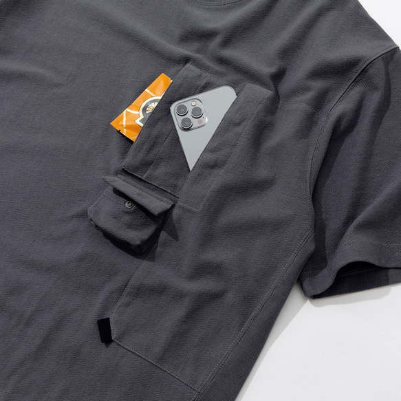 TMCAZ Smock Pocket Tee [チャコールグレー] アシンメトリーデザイン 登山ポケット半袖Tシャツ 綿100% 14枚目の画像