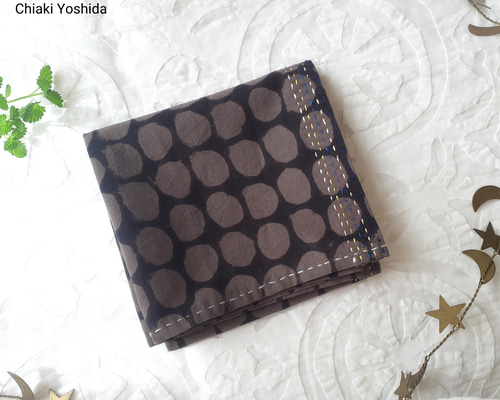 インド綿バンダナ ブロックプリント＜墨色・ドット柄＞ ハンカチ