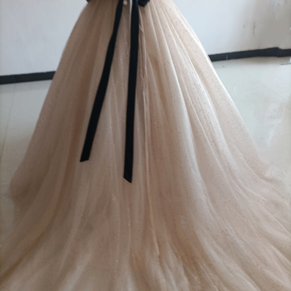カラードレスシャンパン色 ソフトチュール ロングトレーン 取り外しオフショルダー 結婚式/披露宴 二次会 二次会 ドレス