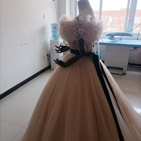 カラードレスシャンパン色 ソフトチュール ロングトレーン 取り外しオフショルダー 結婚式/披露宴 二次会 二次会 ドレス