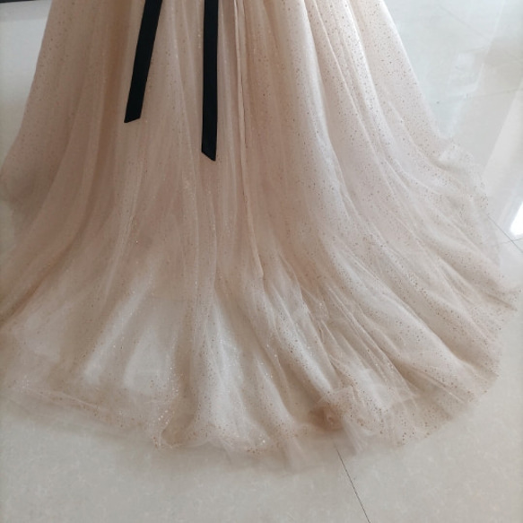 カラードレスシャンパン色 ソフトチュール ロングトレーン 取り外しオフショルダー 結婚式/披露宴 二次会 二次会 ドレス