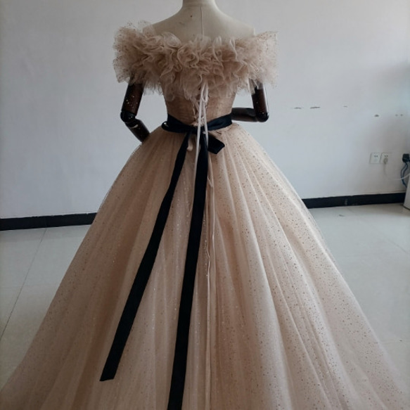 カラードレスシャンパン色 ソフトチュール ロングトレーン 取り外しオフショルダー 結婚式/披露宴 二次会 二次会 ドレス