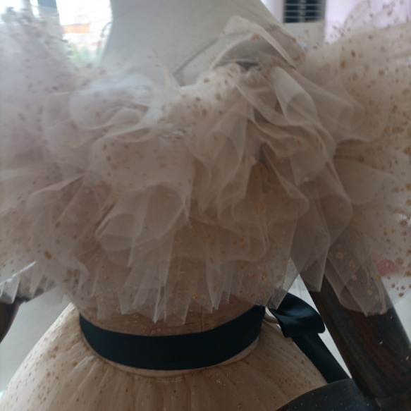 カラードレスシャンパン色 ソフトチュール ロングトレーン 取り外しオフショルダー 結婚式/披露宴 二次会 二次会 ドレス