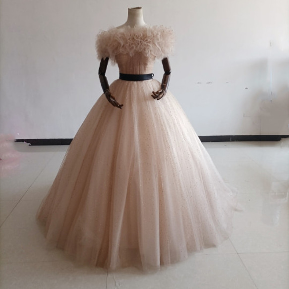 カラードレスシャンパン色 ソフトチュール ロングトレーン 取り外しオフショルダー 結婚式/披露宴 二次会 二次会 ドレス