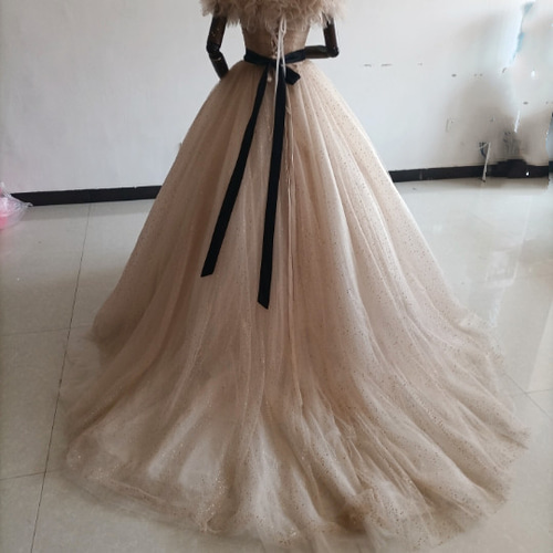 カラードレスシャンパン色 ソフトチュール ロングトレーン 取り外し  