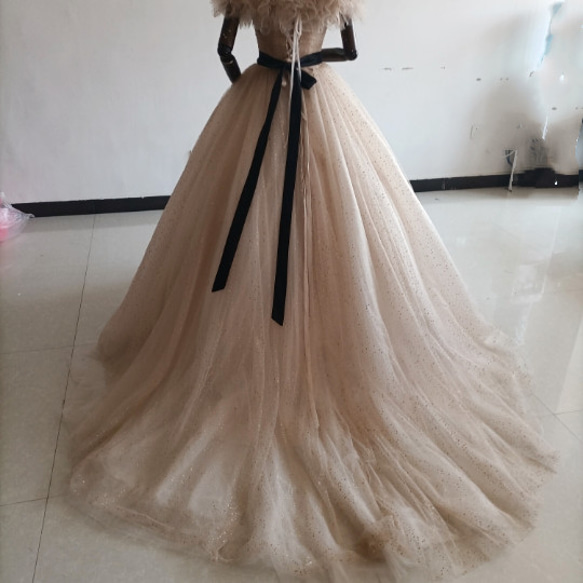 カラードレスシャンパン色 ソフトチュール ロングトレーン 取り外しオフショルダー 結婚式/披露宴 二次会 二次会 ドレス