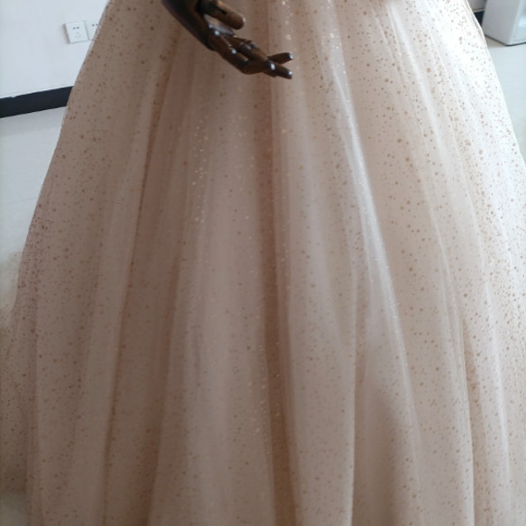 カラードレスシャンパン色 ソフトチュール ロングトレーン 取り外しオフショルダー 結婚式/披露宴 二次会 二次会 ドレス