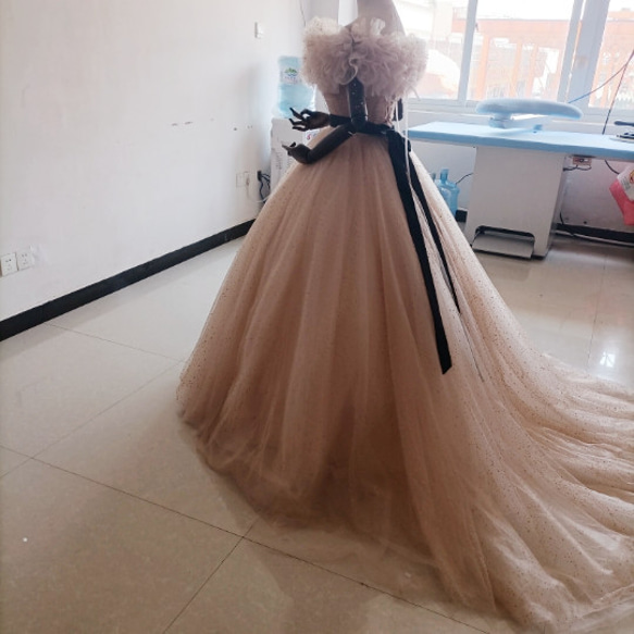 カラードレスシャンパン色 ソフトチュール ロングトレーン 取り外しオフショルダー 結婚式/披露宴 二次会 二次会 ドレス