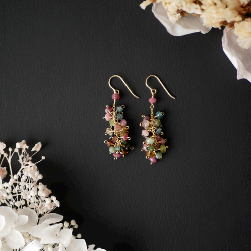 関税送料無【sezane】Gioピアス 真鍮＆ガラス マルチカラー 14kgf】マルチカラートルマリンピアス☆天然石 ピアス（フック