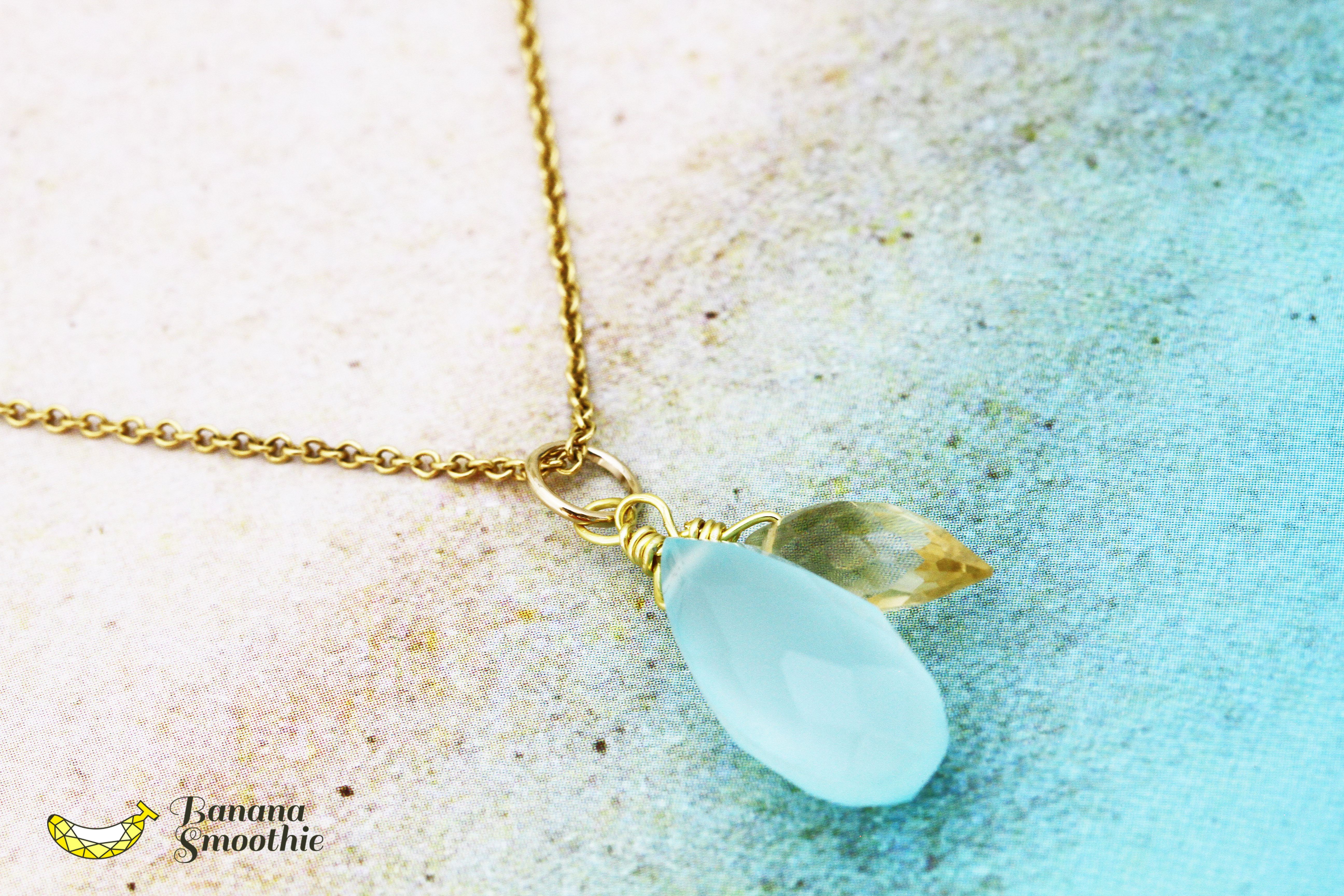 爽やか甘酸っぱい♪ シーブルーカルセドニー × シトリン ペアシェイプ 14kgfネックレス