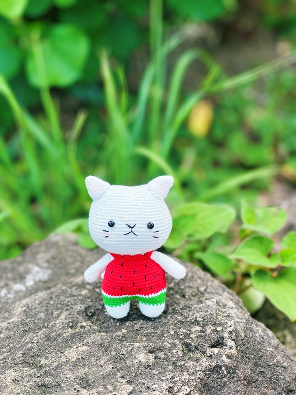 かわいいスイカニャンコ ネコちゃん編みぐるみ 癒し系 楽しい夏スイカ