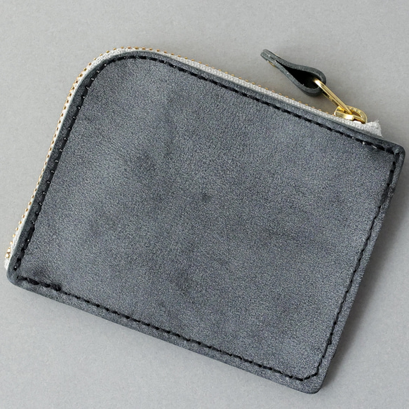 送料無料 国産ブライドルレザー 薄型 極小 L字ファスナー コンパクト ウォレット 財布 FARIA ヌメ革 ブラック 10枚目の画像