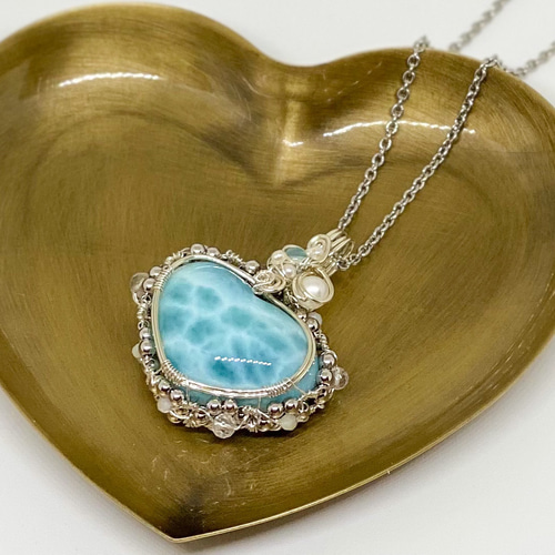 カリブ海の宝物♡ハートラリマーのワイヤージュエリー