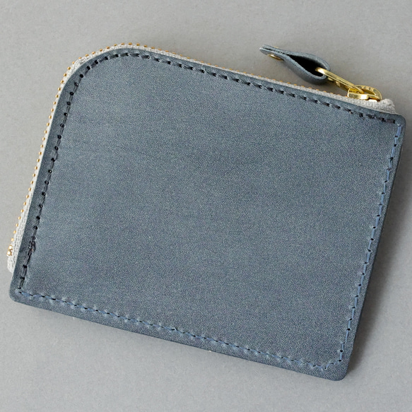 送料無料 国産ブライドルレザー 薄型 極小 L字ファスナー コンパクト ウォレット 財布 FARIA ヌメ革 ネイビー 8枚目の画像