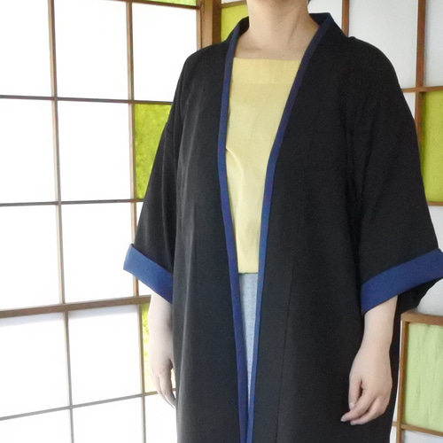 ◇手縫いの涼しい羽織◇送料無料 黒 シルク 気軽に羽織れる 着物 