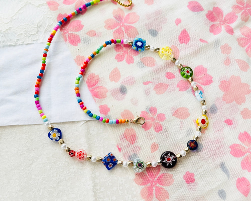 ビーズネックレス*ミルフィオリガラス*千の花* ネックレス・ペンダント 
