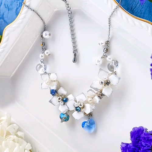 ヴィンテージ　アールデコ　ジュエリーケース　薄紫　パープル　シェル型 silver 紫陽花 5連 ネックレス ハートのガラス・水色