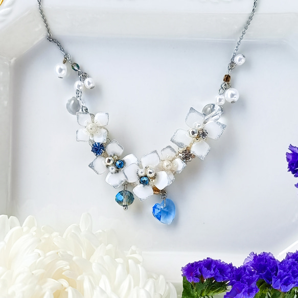 silver 紫陽花 5連 ネックレス ハートのガラス・水色
