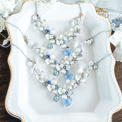 silver 紫陽花 5連 ネックレス ハートのガラス・水色