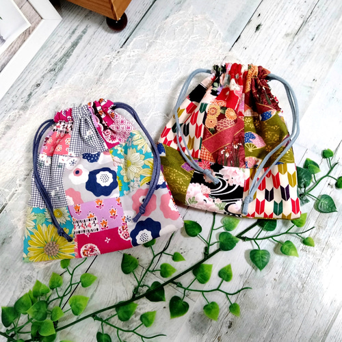 パッチワーク巾着ポーチ♪ 花柄＆和柄 *2点セット* 巾着袋  