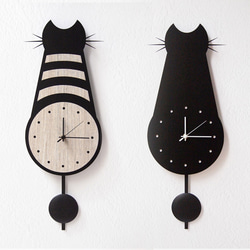 Wall clock -stripe and black cats- （貓黑色掛鐘推薦北歐可愛創意現代簡約手工設計） 第1張的照片