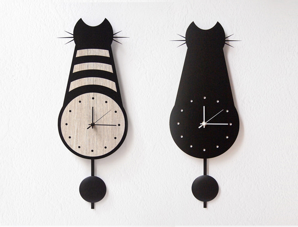 Wall clock -stripe and black cats- （貓黑色掛鐘推薦北歐可愛創意現代簡約手工設計） 第1張的照片