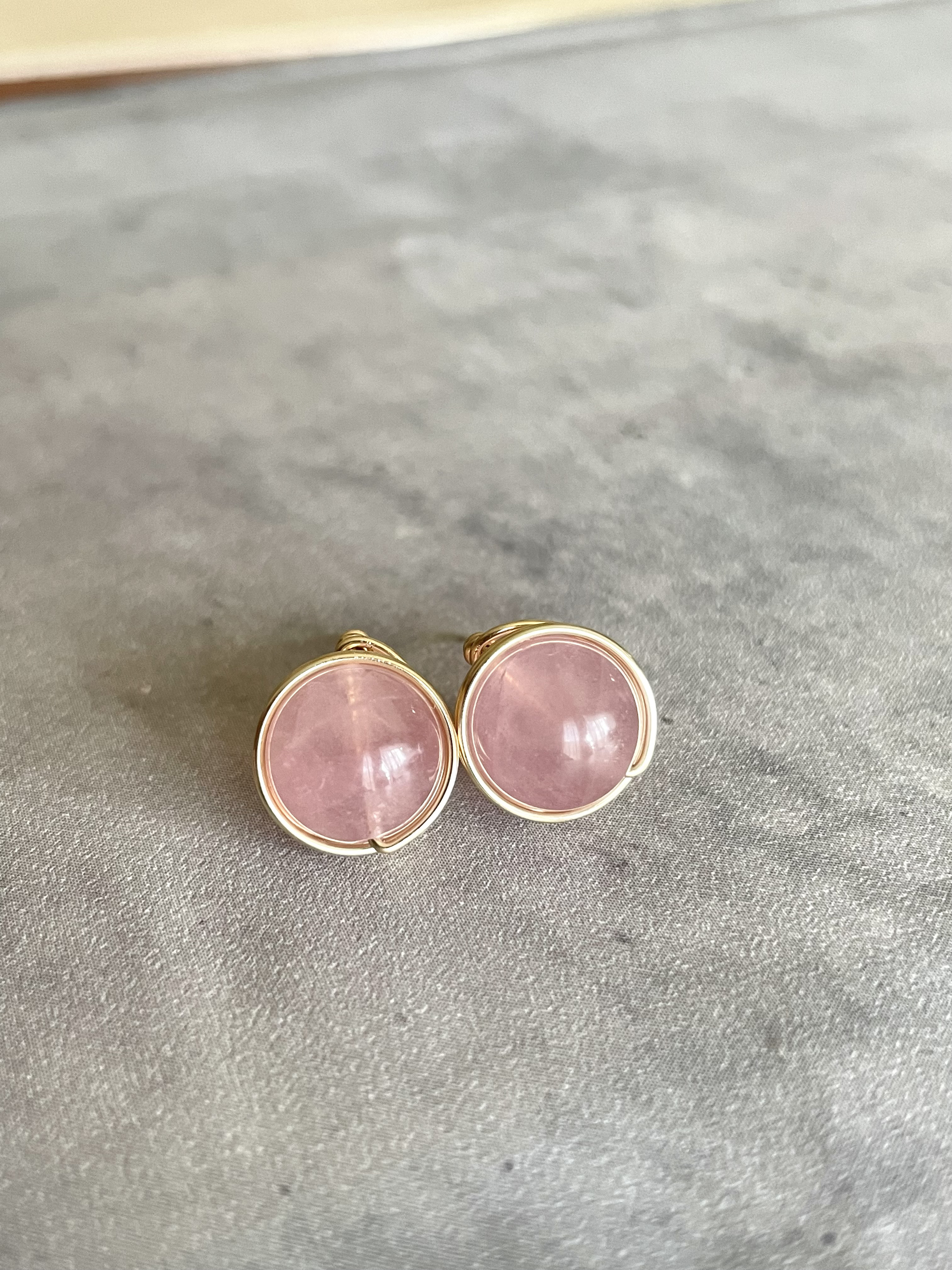 高品質ローズクォーツ一粒ゴールドピアス 14kgf ピアス