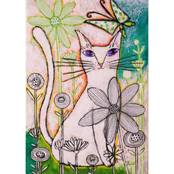原画 北欧アート『猫と緑のお庭』 おしゃれ モダンアート 現代アート ねこ cat 絵画 グリーン 花の絵 1枚目の画像