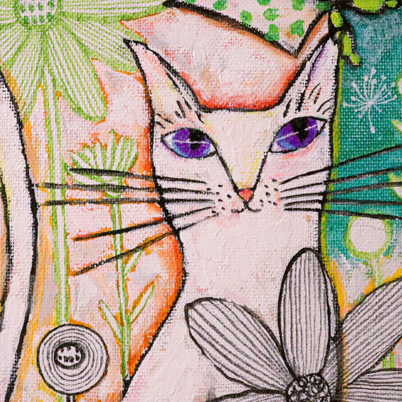 原画 北欧アート『猫と緑のお庭』 おしゃれ モダンアート 現代アート ねこ cat 絵画 グリーン 花の絵 3枚目の画像