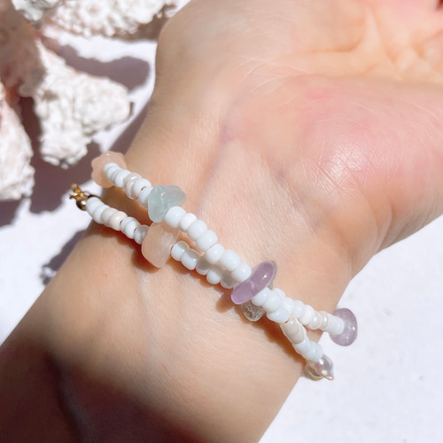 necklace×bracelet 〗2way さざれ石×ピュアホワイトビーズ