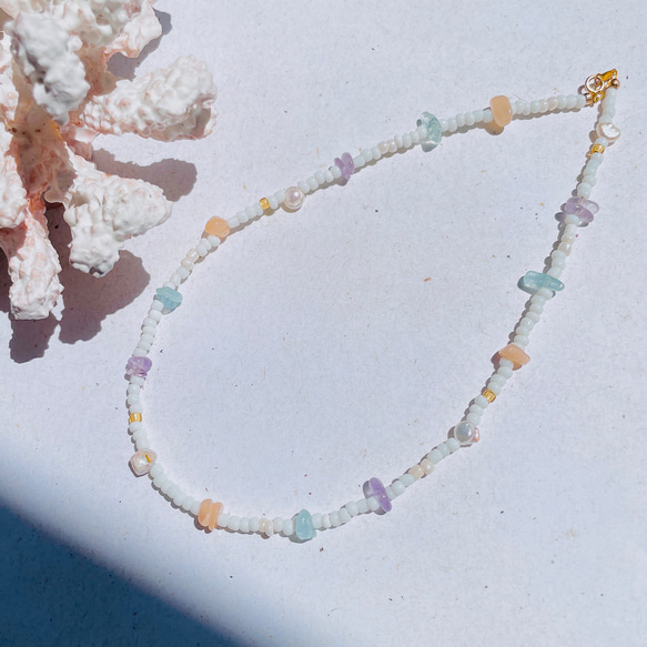 necklace×bracelet 〗2way さざれ石×ピュアホワイトビーズ